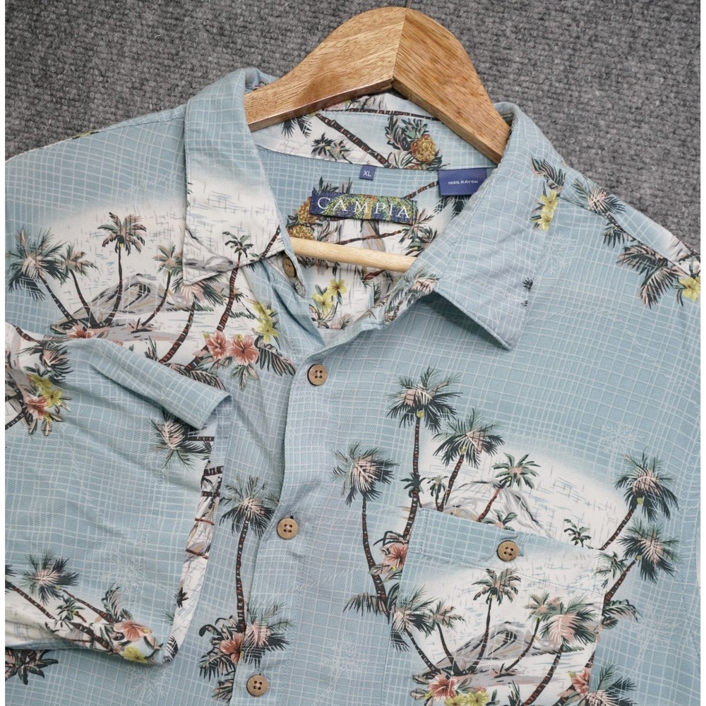 Campia Mens XL Blue‎ Tropical Palm Tree Pineapple Rayon Short Sleeve Camp Shirt